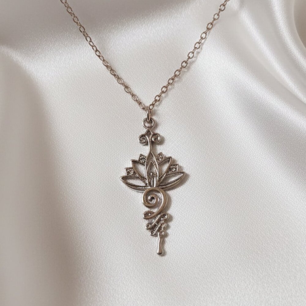 Lotus Flower Unalome Pendant Necklace Silver Tone NWOT - Picture 7 of 7